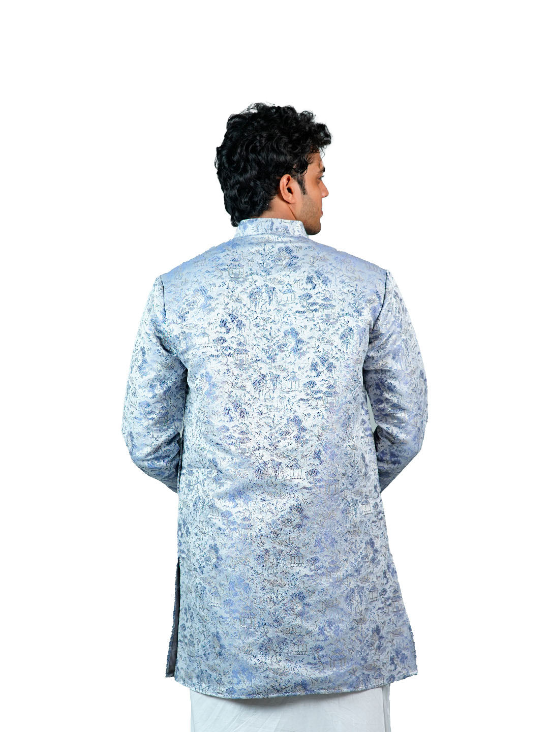 Blue Oriental Scenic Jacquard Kurta for Men