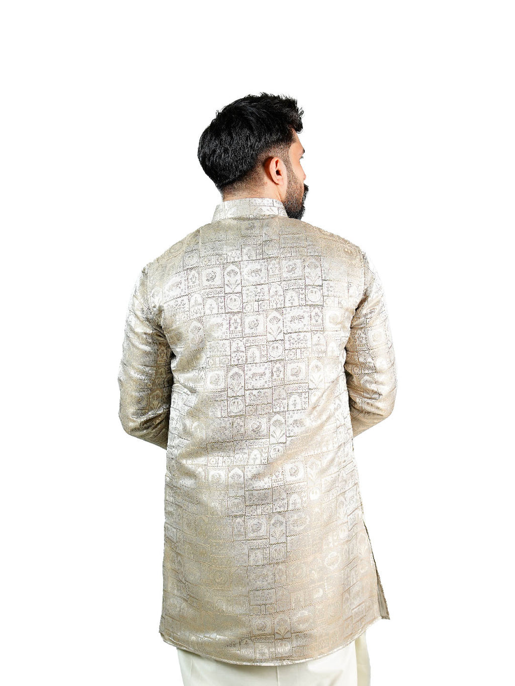 Champagne Gold Heritage Block Jacquard Kurta for Groom