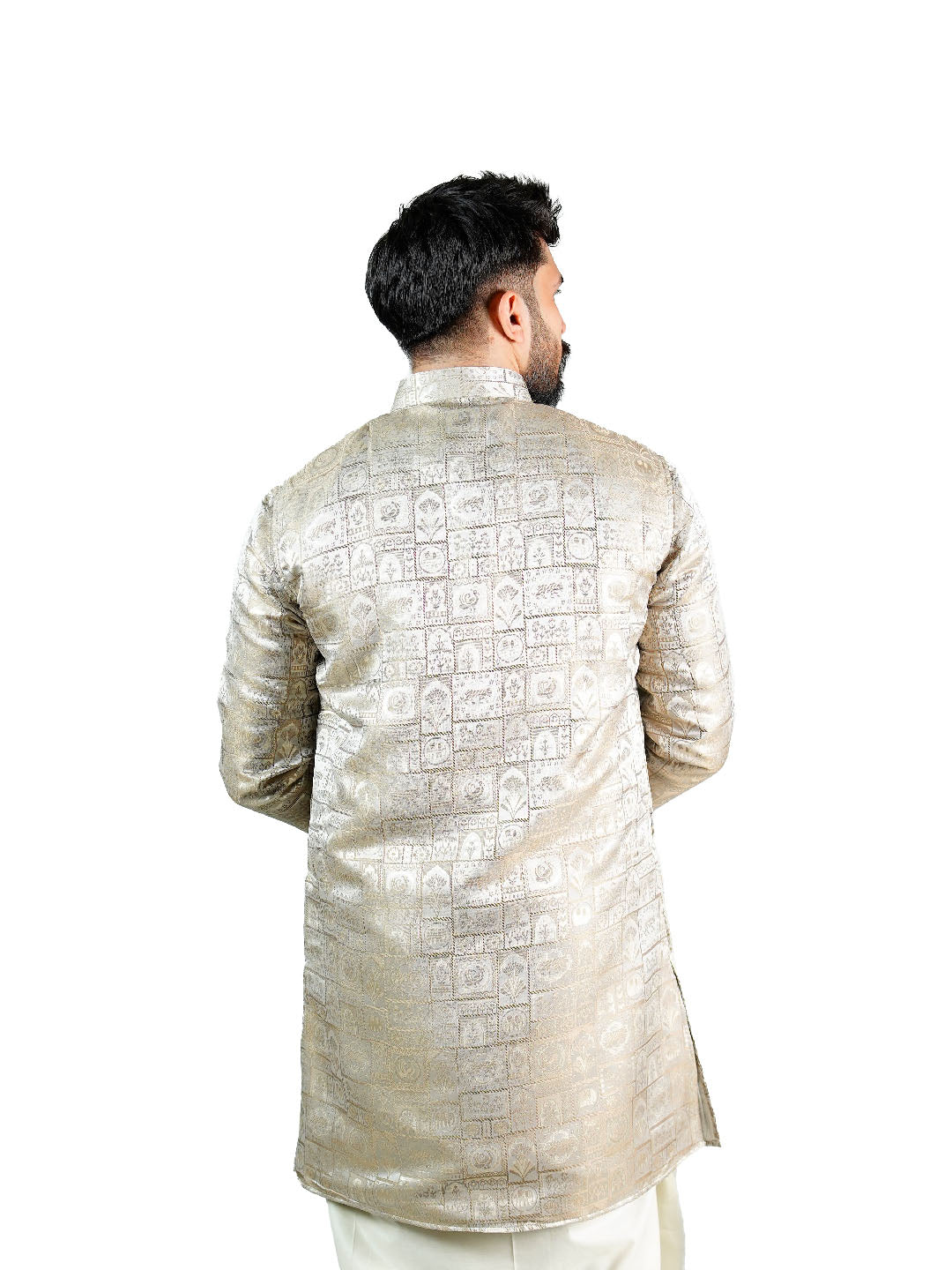 Champagne Gold Heritage Block Jacquard Kurta for Groom