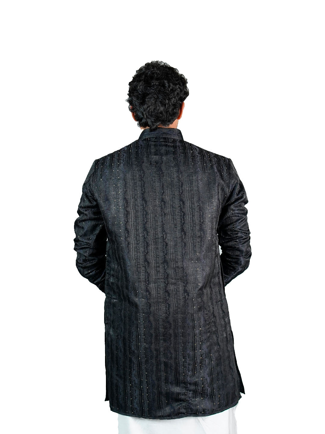 Black Wave Stripe Sequin Jacquard Kurta for Men