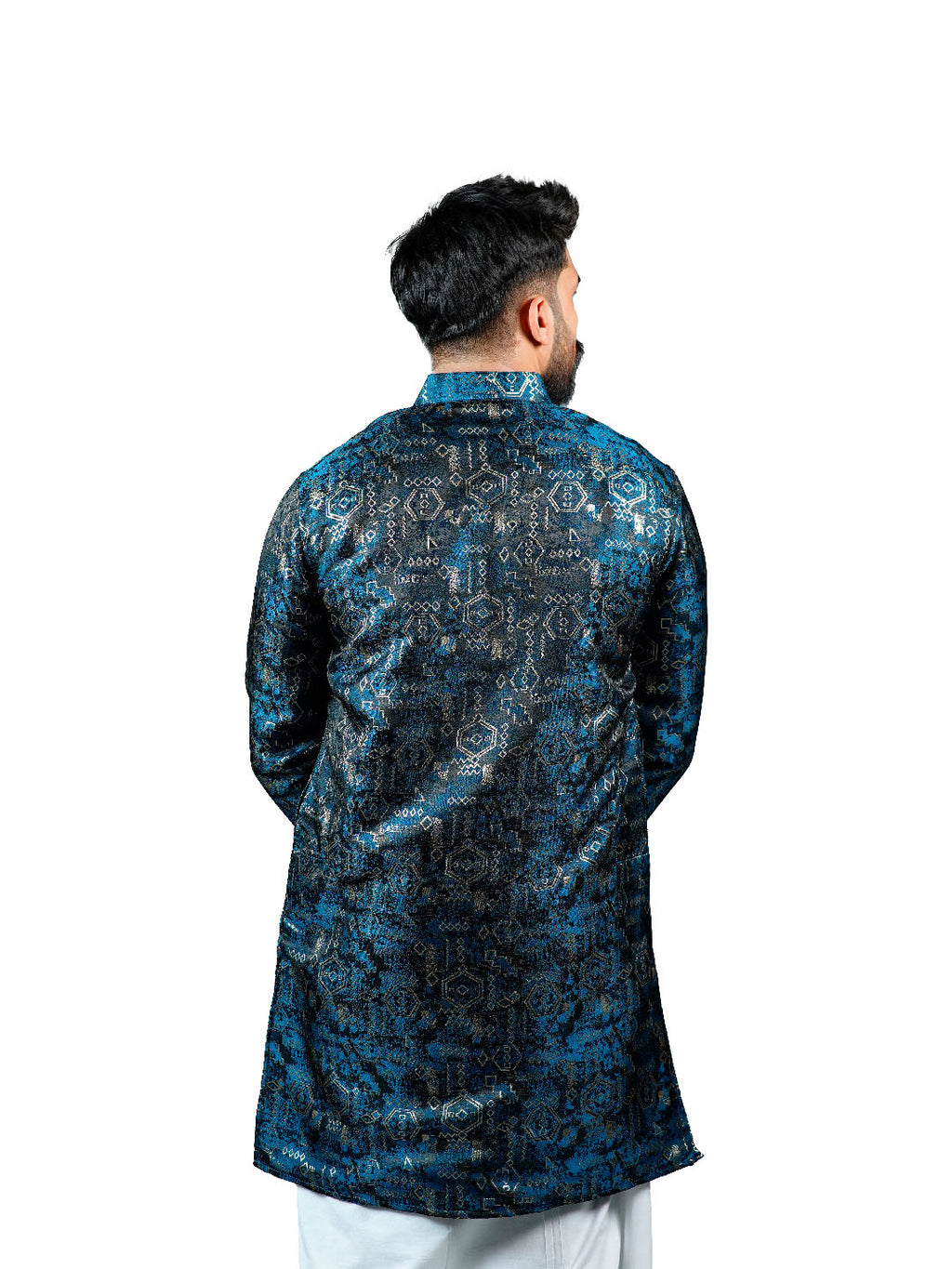 Teal Tribal Geometric Jacquard Kurta for Men