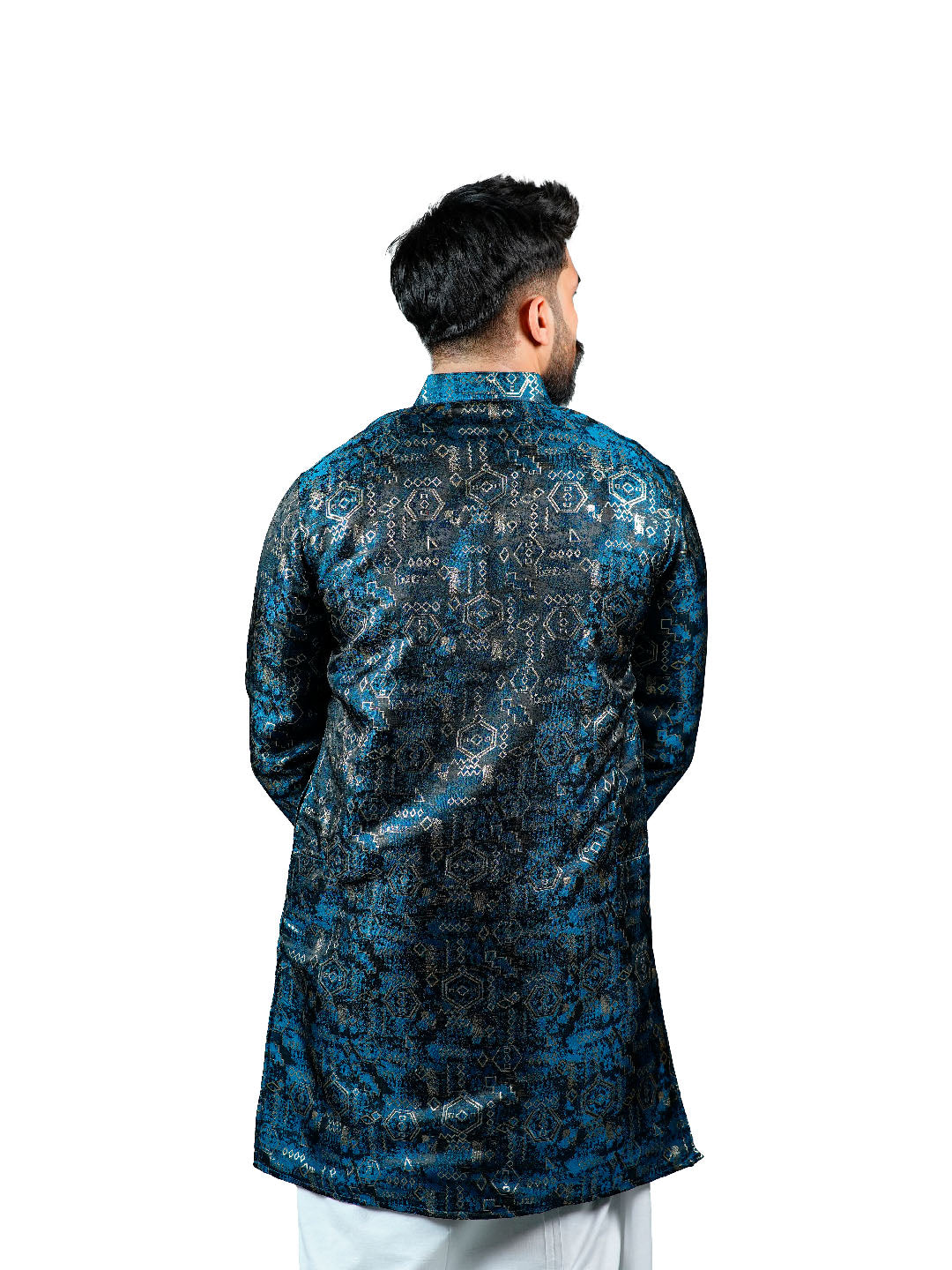 Teal Tribal Geometric Jacquard Kurta for Men