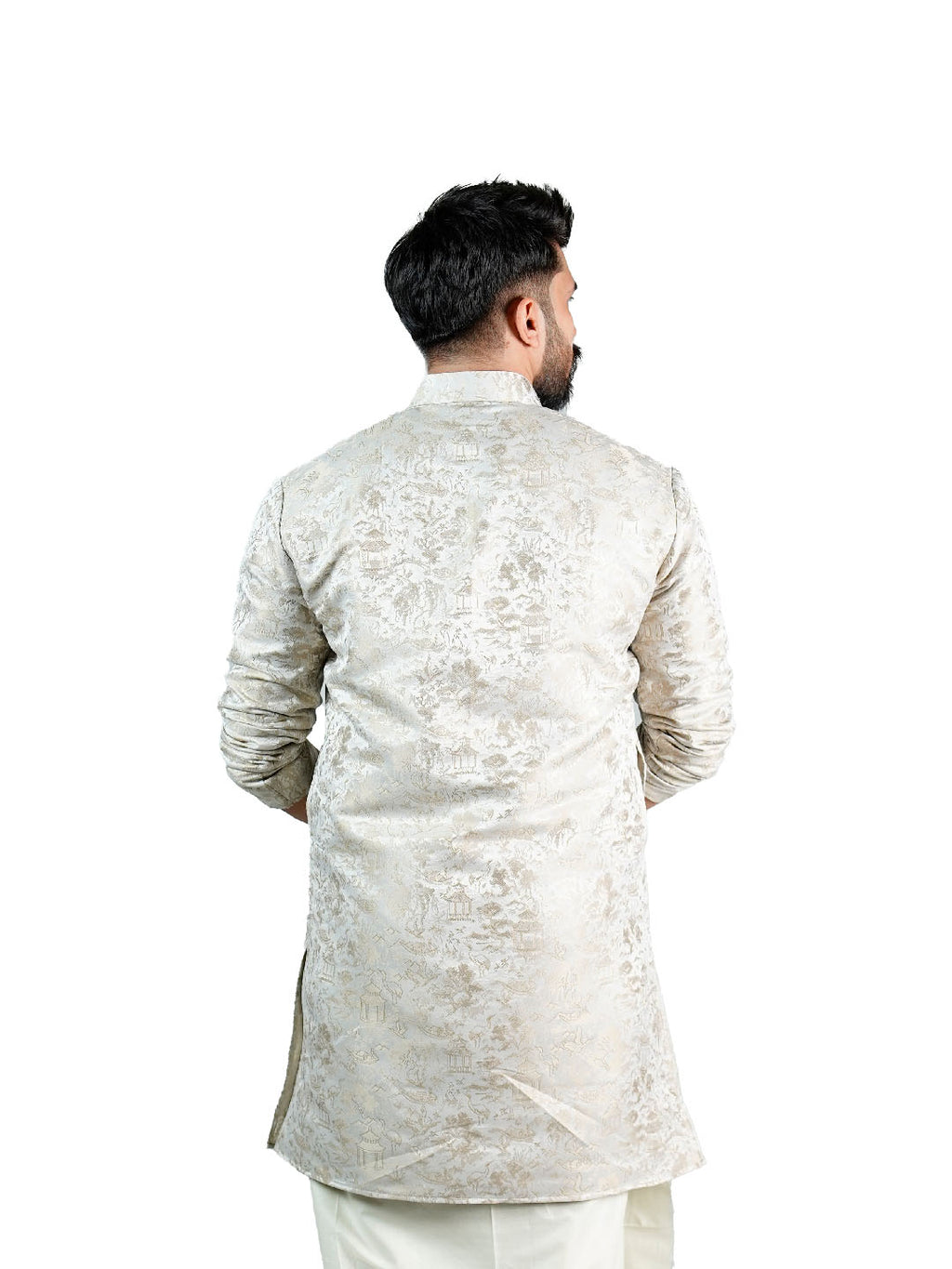 Cream Oriental Scenic Jacquard Kurta for Groom