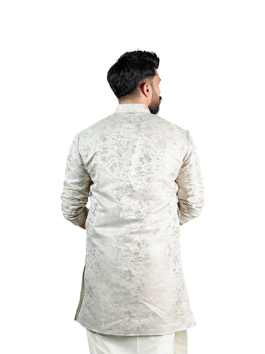 Cream Oriental Scenic Jacquard Kurta for Groom