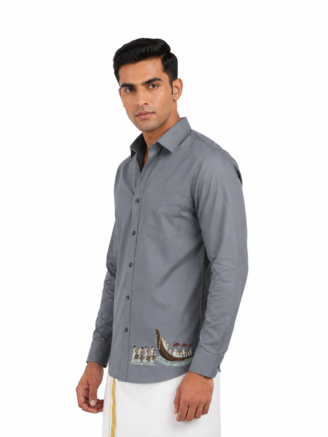Vallam Kali Printed Onam Shirt Grey