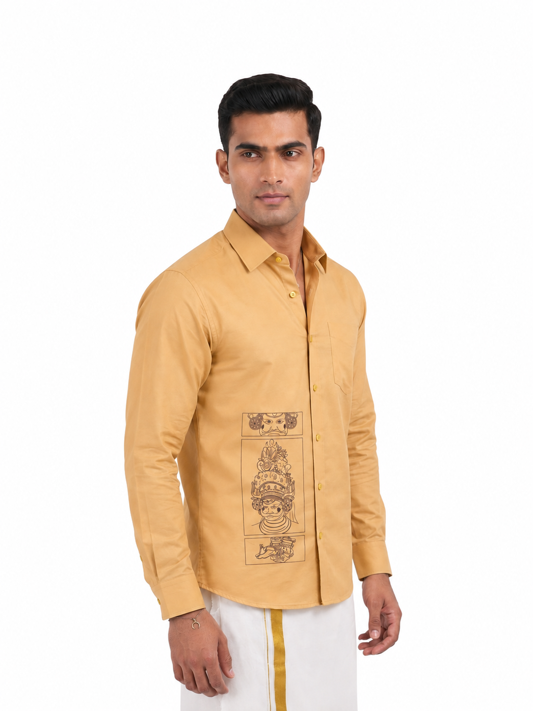 Theyyam Line Art Mustard Yellow Printed Onam Shirt