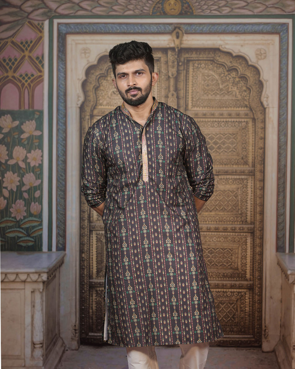 Dark Floral Stripe Kurta for Men