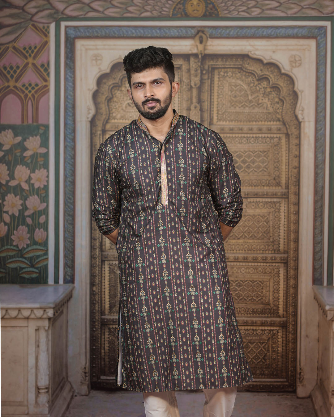 Dark Floral Stripe Kurta for Men