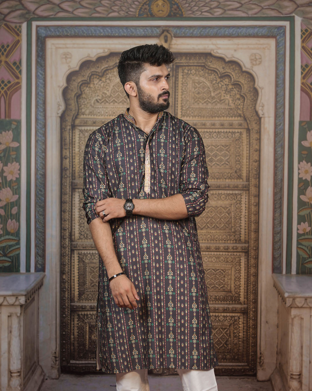 Dark Floral Stripe Kurta for Men