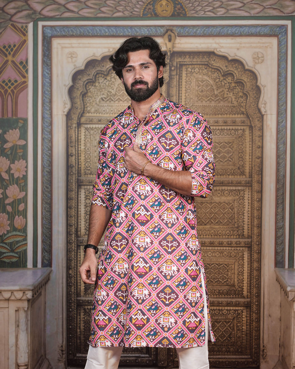 Multicolour Geometric Kurta for Men
