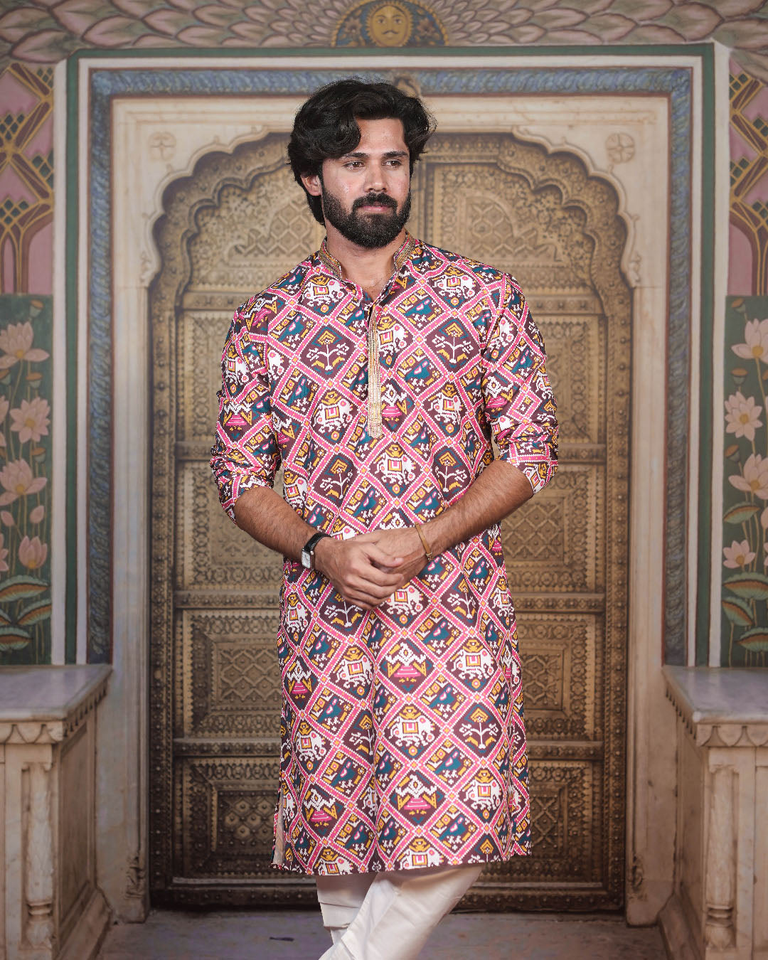 Multicolour Geometric Kurta for Men
