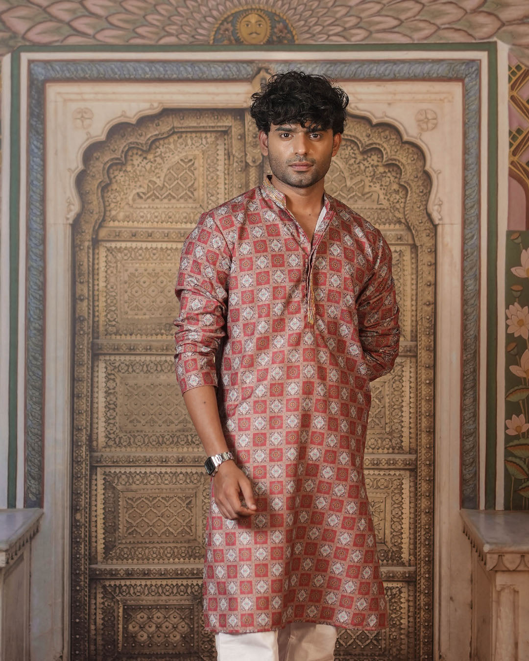 Rust Brown Geometric Printed Kurta for Men