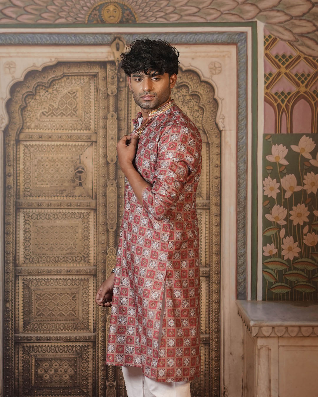 Rust Brown Geometric Printed Kurta for Men