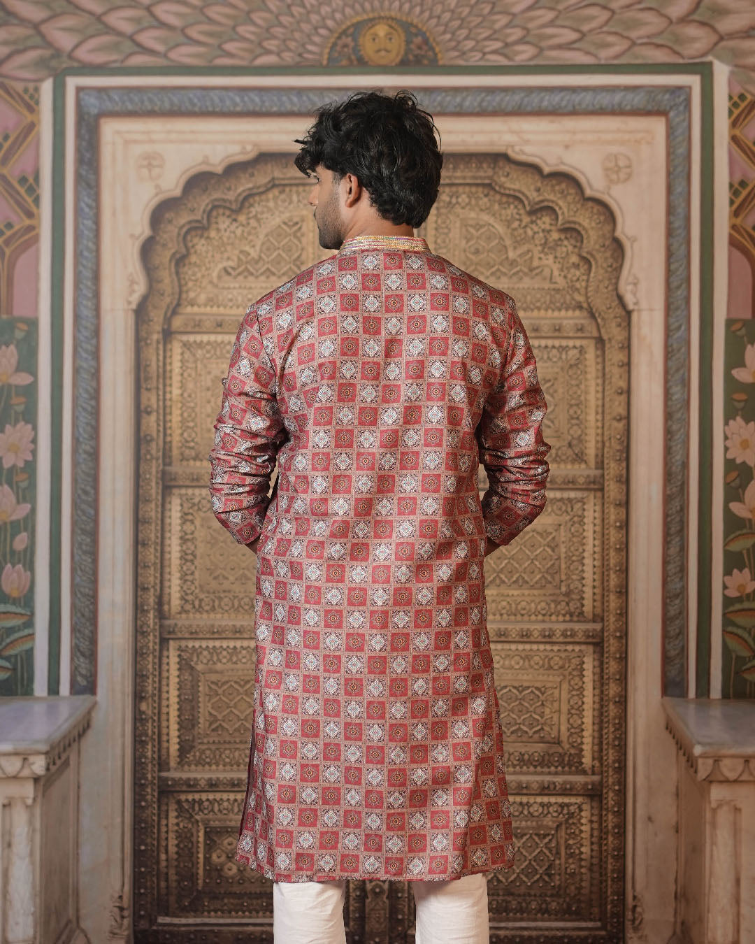 Rust Brown Geometric Printed Kurta for Men